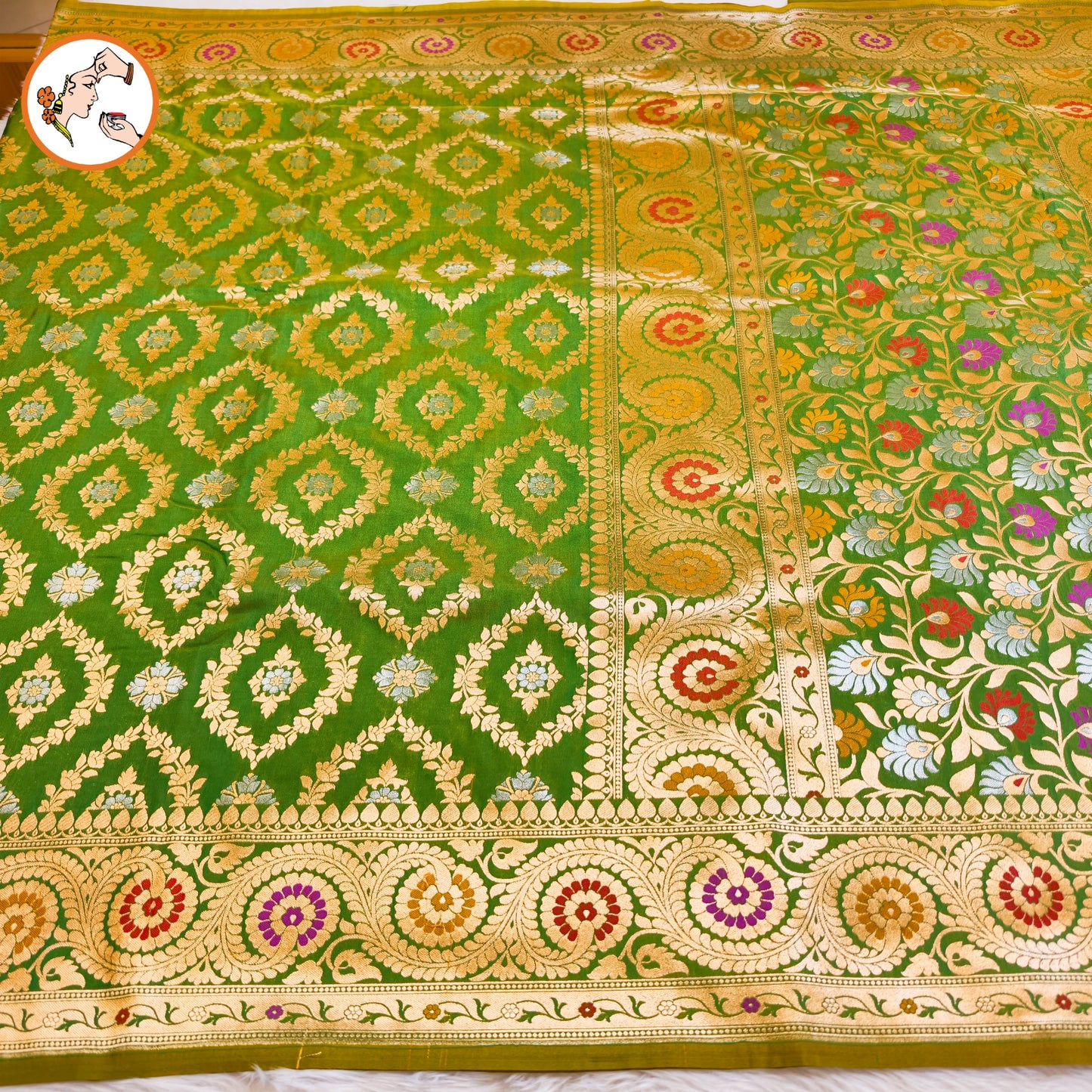 Mehendi Green Jaal design Meenakari work border Soft Banarasi Silk Partywear Saree