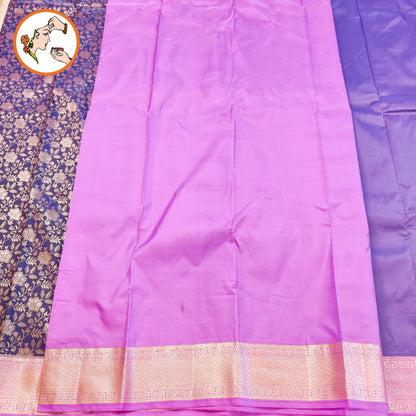 Blue with Lavender Floral weaving Antique Gold zari kanchipuram Mix Silk Saree