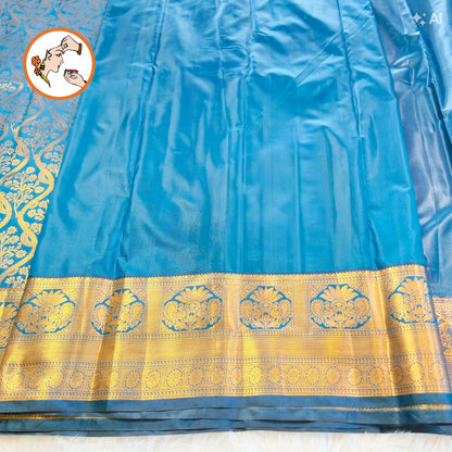 Teal Blue (Peacock Blue) Brocade Gold zari Floral weaving Kanchipuram Bridal Mix Silk Saree