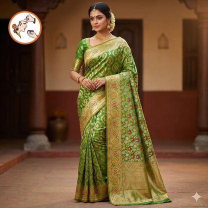Mehendi Green Jaal design Meenakari work border Soft Banarasi Silk Partywear Saree