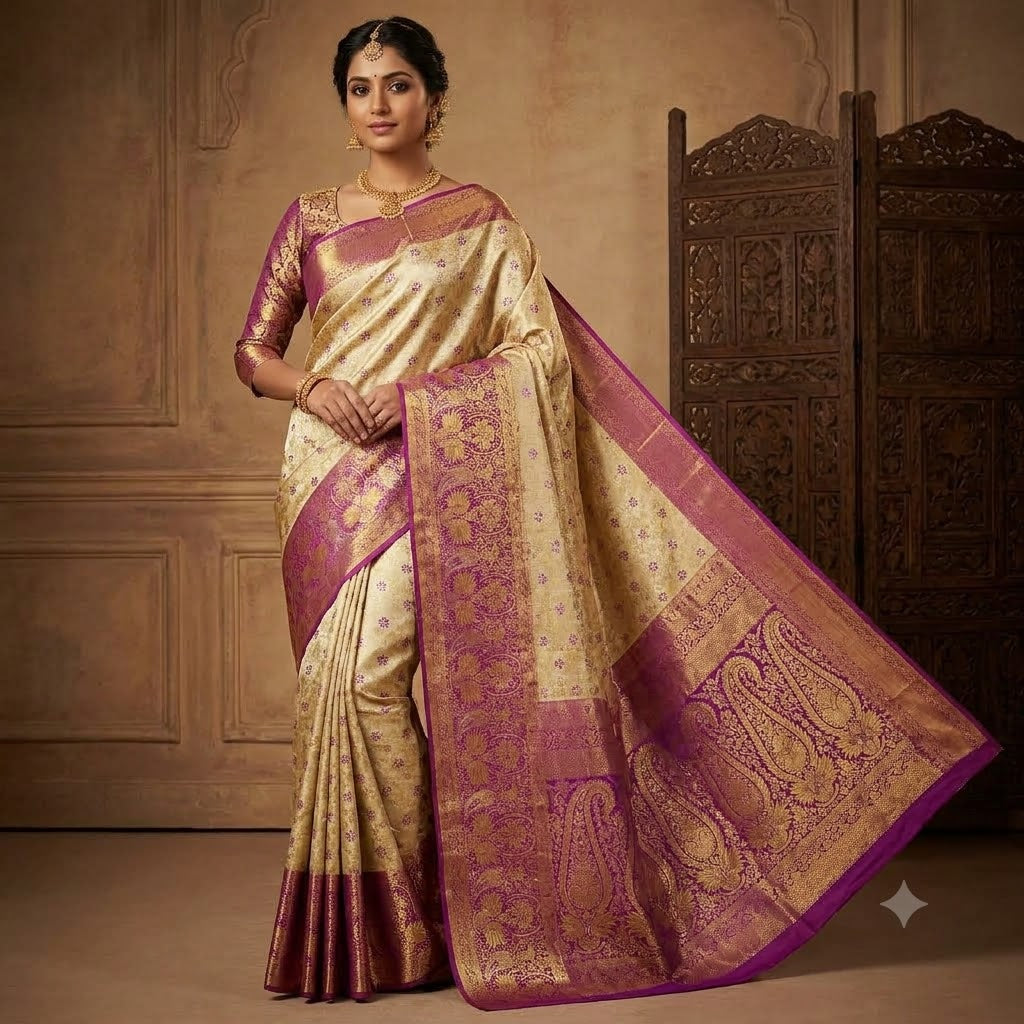 Off white with Purple Fancy border Kanchipuram MIx High Tissue Silk Saree