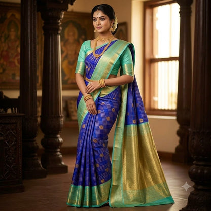 Dark Blue with Turquiose border Kattam pattern peacock & chakram motif Kanchipuram Semi Silk Saree