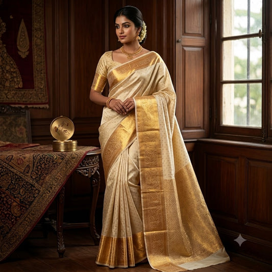 Off White (Light Gold) Floral Gold zari weaving Kanchipuram Bridal High Tissue Silk Saree