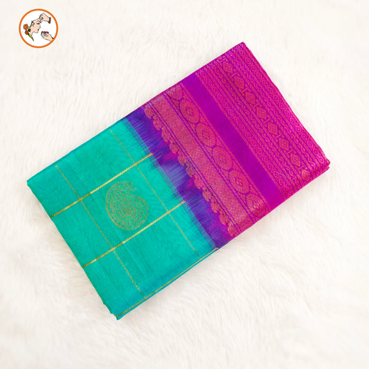 Turquiose Blue Traditional checks with mango & mayil motif Pure Silk Cotton Saree