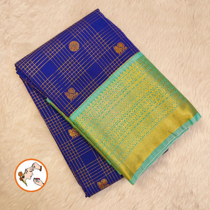 Dark Blue with Turquiose border Kattam pattern peacock & chakram motif Kanchipuram Semi Silk Saree