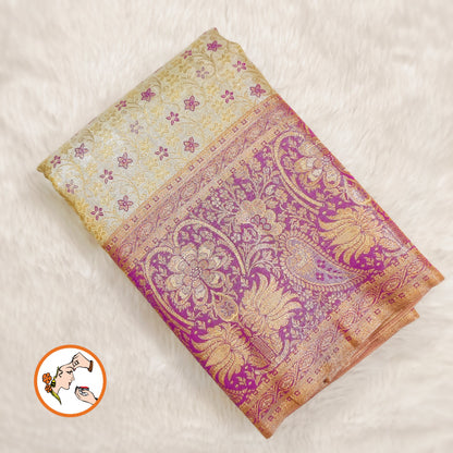 Off white with Purple Fancy border Kanchipuram MIx High Tissue Silk Saree