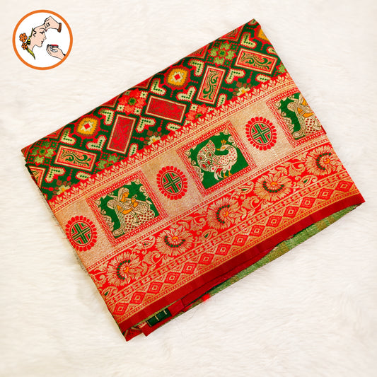 Dark Green with Red Meenkari work Banarasi Silk Designer Saree