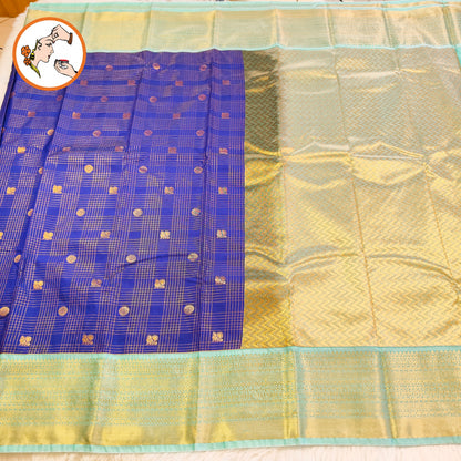 Dark Blue with Turquiose border Kattam pattern peacock & chakram motif Kanchipuram Semi Silk Saree