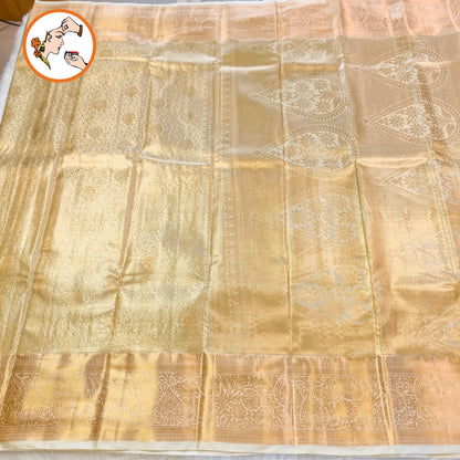 Off White (Light Gold) Floral Gold zari weaving Kanchipuram Bridal High Tissue Silk Saree
