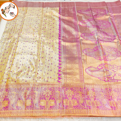Off white with Purple Fancy border Kanchipuram MIx High Tissue Silk Saree