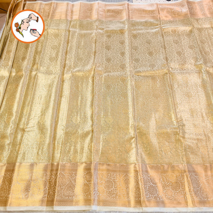 Off White (Light Gold) Floral Gold zari weaving Kanchipuram Bridal High Tissue Silk Saree