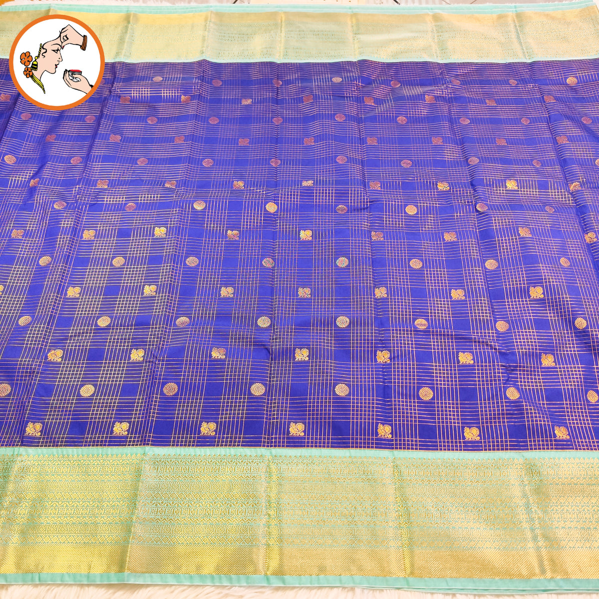 Dark Blue with Turquiose border Kattam pattern peacock & chakram motif Kanchipuram Semi Silk Saree