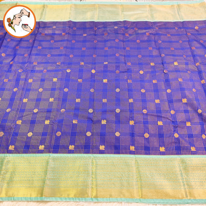 Dark Blue with Turquiose border Kattam pattern peacock & chakram motif Kanchipuram Semi Silk Saree