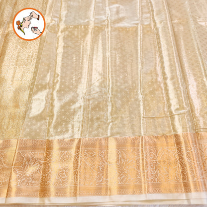 Off White (Light Gold) Floral Gold zari weaving Kanchipuram Bridal High Tissue Silk Saree