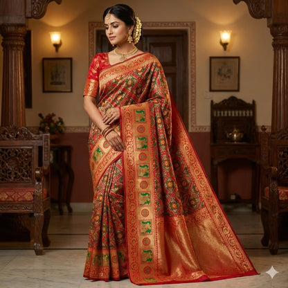 Dark Green with Red Meenkari work Banarasi Silk Designer Saree