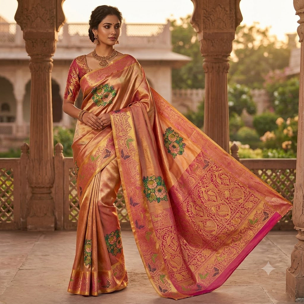 Rose Gold Kanchipuram High Tissue Bridal Silk Saree with Butterfly border & Meenakari weaving motif
