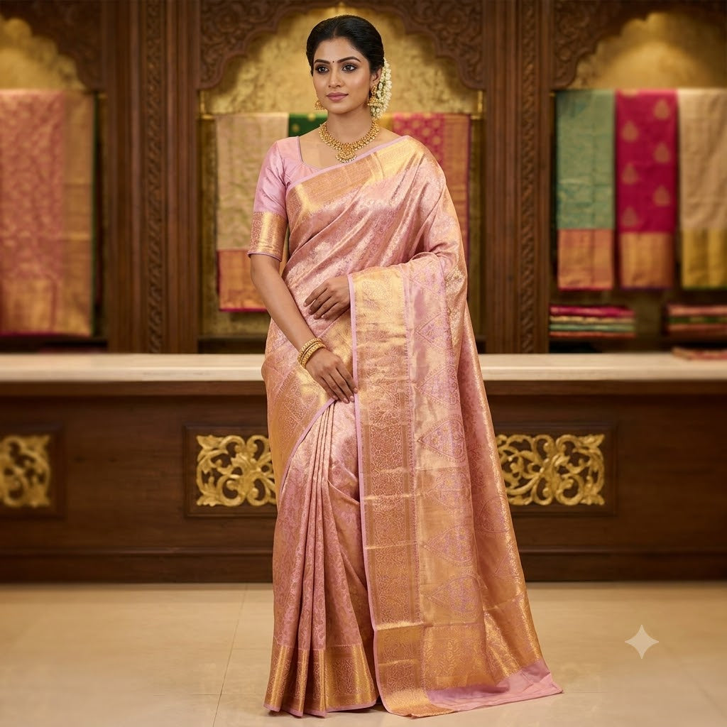 Light Pink (Baby Pink) Floral Gold zari weaving Kanchipuram Bridal High Tissue Silk Saree