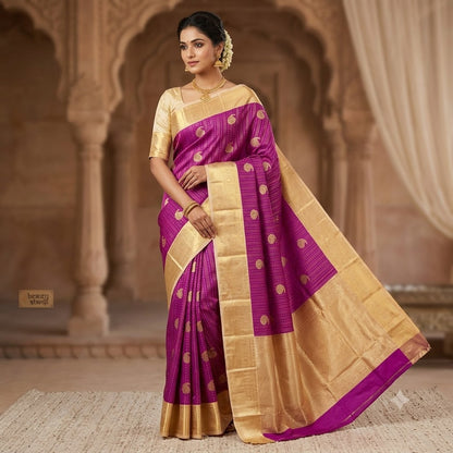 Purple with Cream border Vairoosi lines Mango motif Kanchipuram Semi Silk Saree
