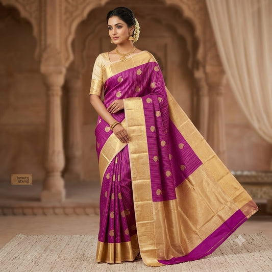 Purple with Cream border Vairoosi lines Mango motif Kanchipuram Semi Silk Saree