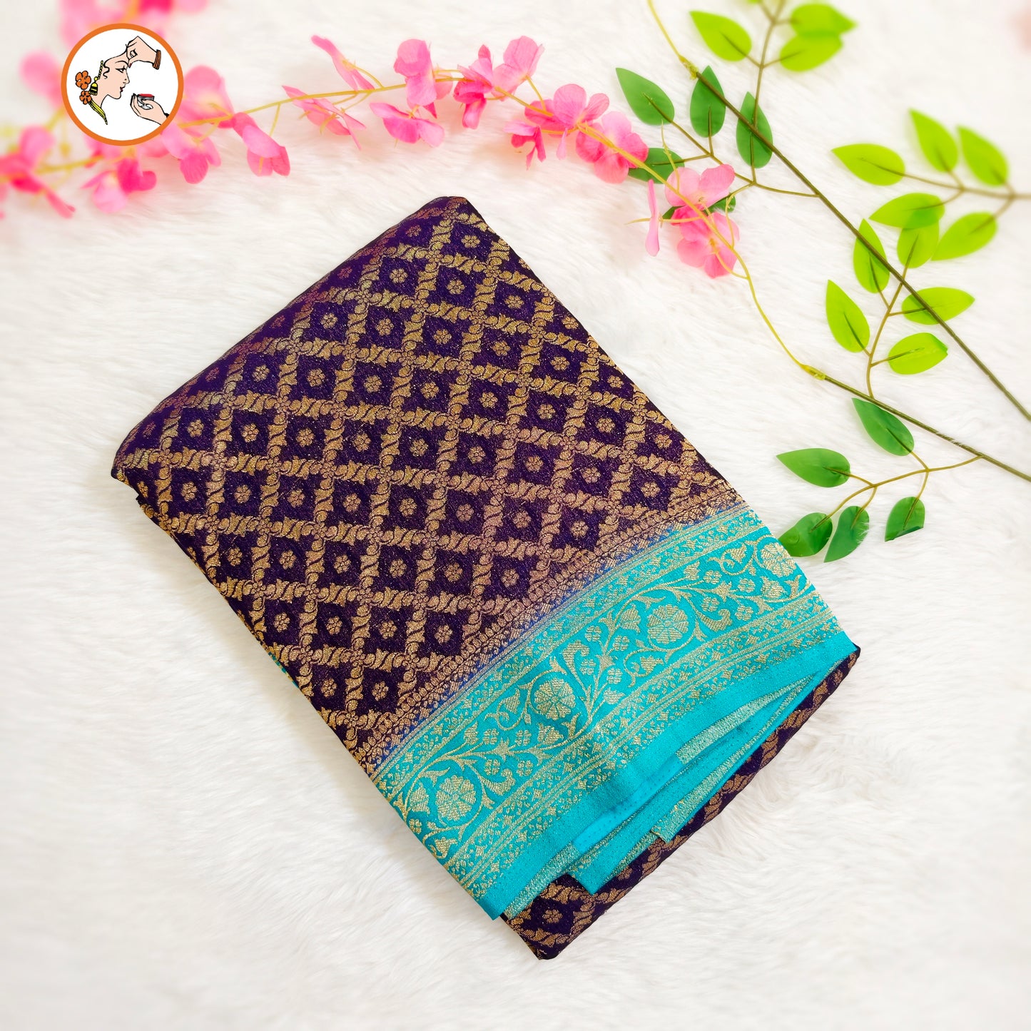 Ink Blue with Sky Blue border Premium Banarasi Georgette Saree