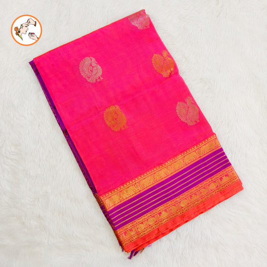 Lotus Pink with Purple Peacock motif Traditional Pure Silk Cotton Saree