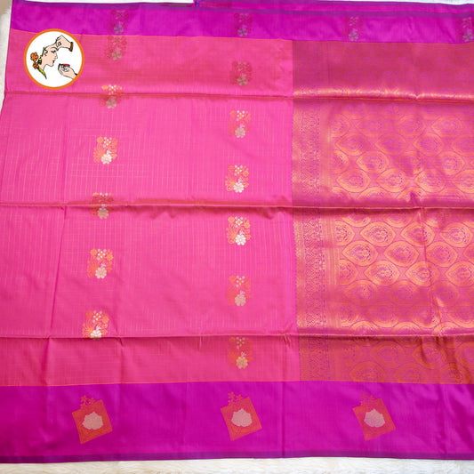 Pink Vintage checks (Kattam) Fancy border Kanchipuram Soft Silk Saee