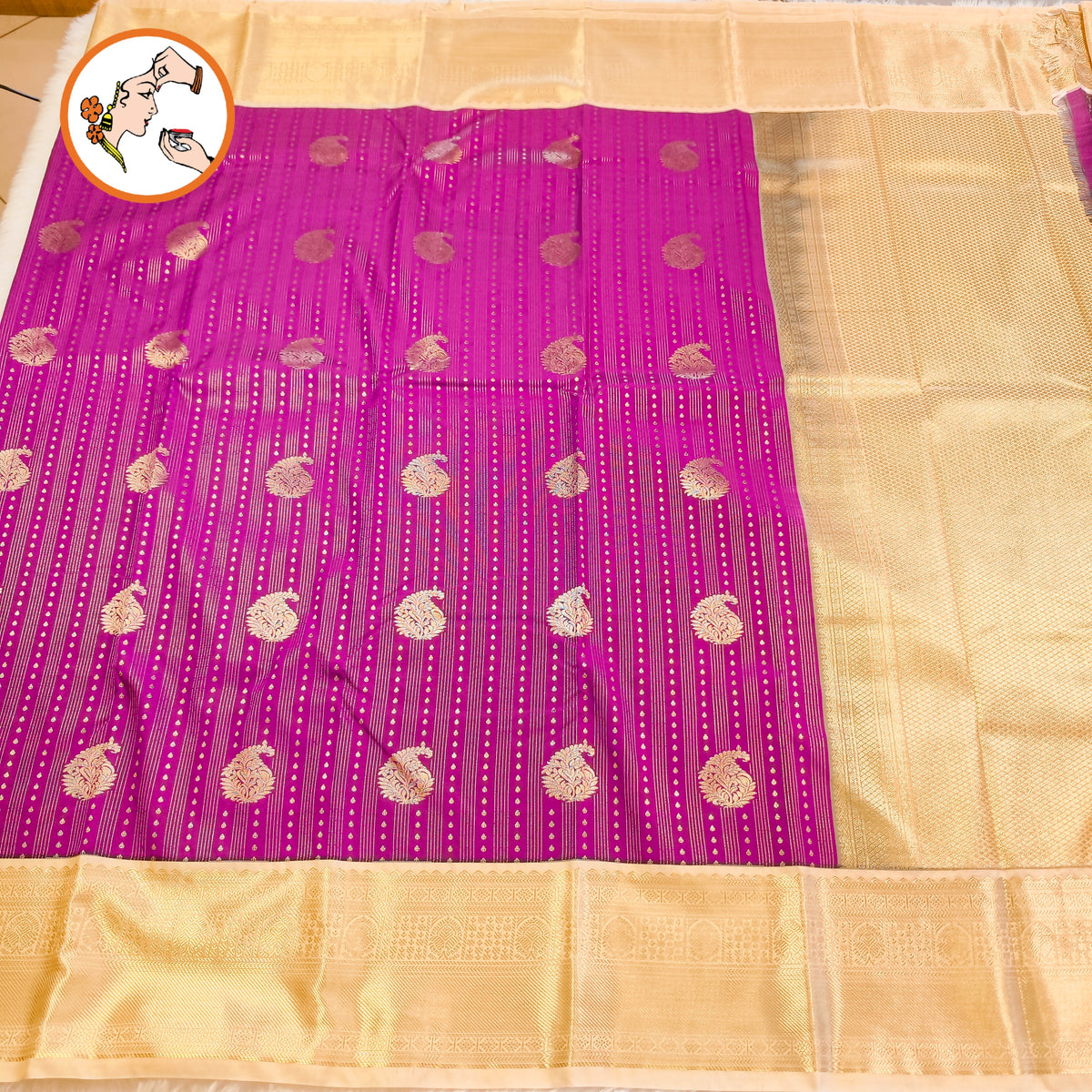 Purple with Cream border Vairoosi lines Mango motif Kanchipuram Semi Silk Saree