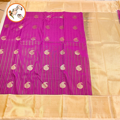 Purple with Cream border Vairoosi lines Mango motif Kanchipuram Semi Silk Saree