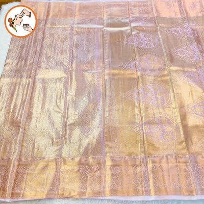 Light Pink (Baby Pink) Floral Gold zari weaving Kanchipuram Bridal High Tissue Silk Saree