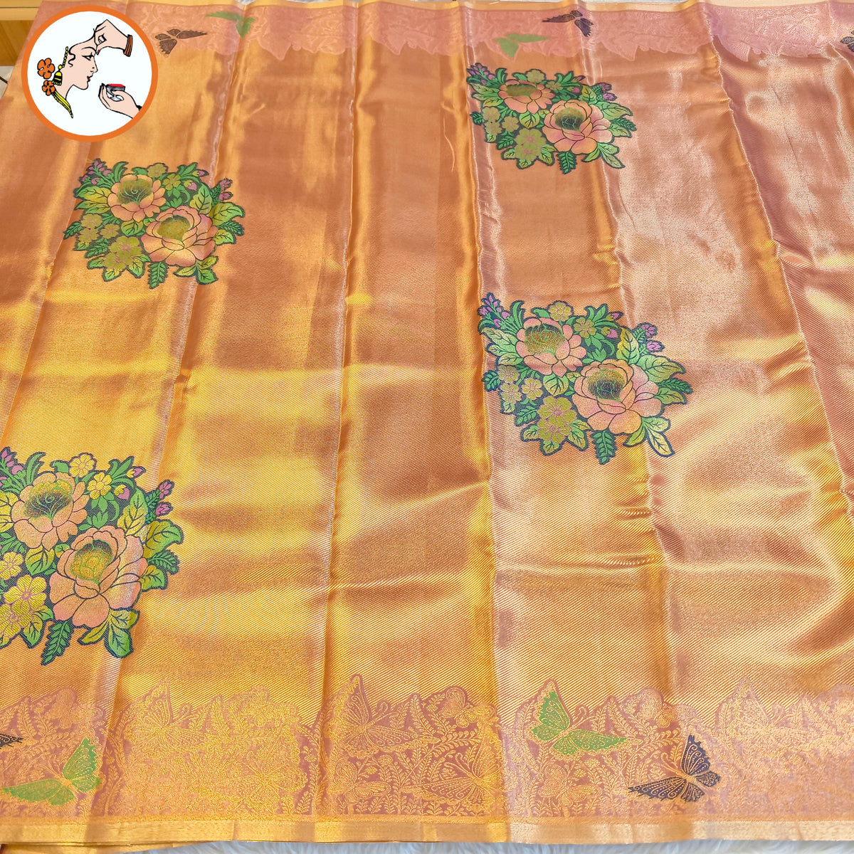 Rose Gold Kanchipuram High Tissue Bridal Silk Saree with Butterfly border & Meenakari weaving motif