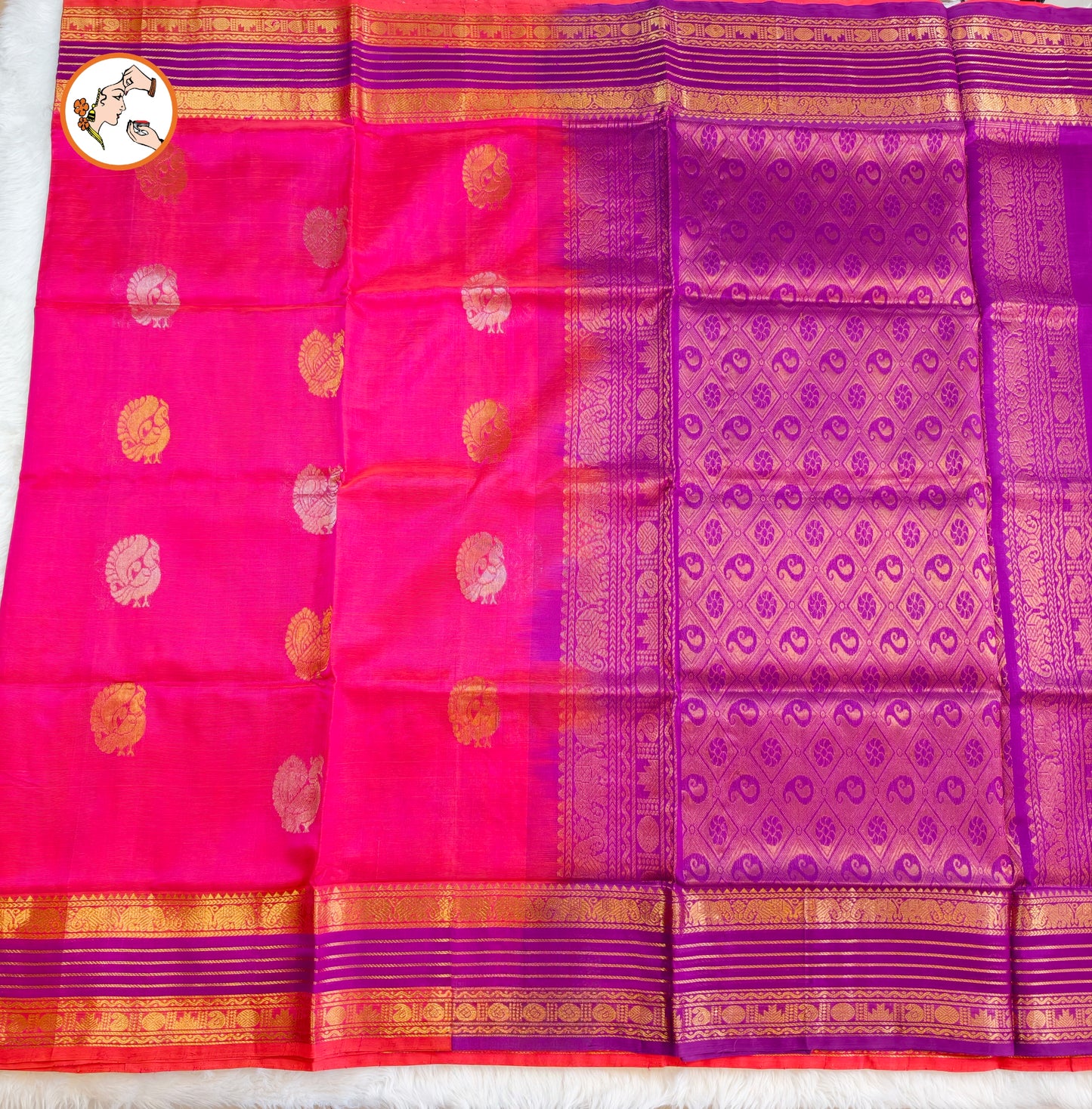 Lotus Pink with Purple Peacock motif Traditional Pure Silk Cotton Saree