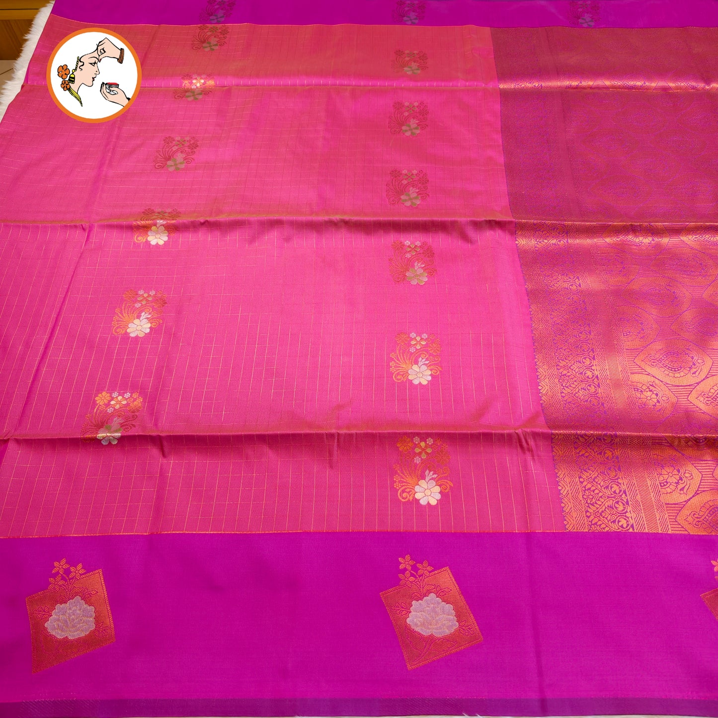 Pink Vintage checks (Kattam) Fancy border Kanchipuram Soft Silk Saee