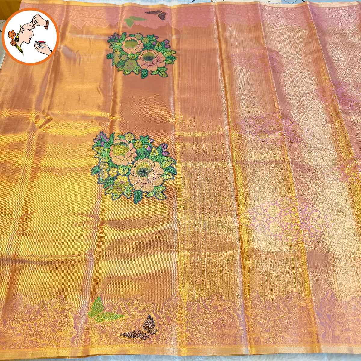 Rose Gold Kanchipuram High Tissue Bridal Silk Saree with Butterfly border & Meenakari weaving motif