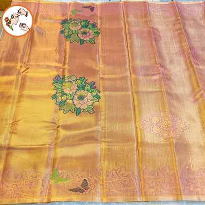 Rose Gold Kanchipuram High Tissue Bridal Silk Saree with Butterfly border & Meenakari weaving motif