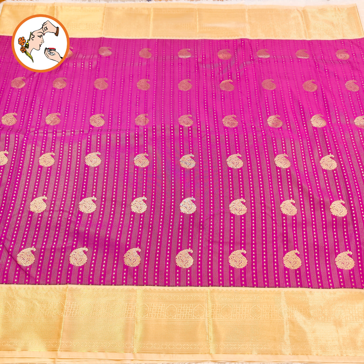 Purple with Cream border Vairoosi lines Mango motif Kanchipuram Semi Silk Saree