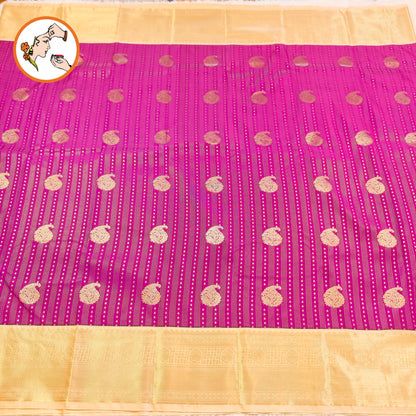 Purple with Cream border Vairoosi lines Mango motif Kanchipuram Semi Silk Saree
