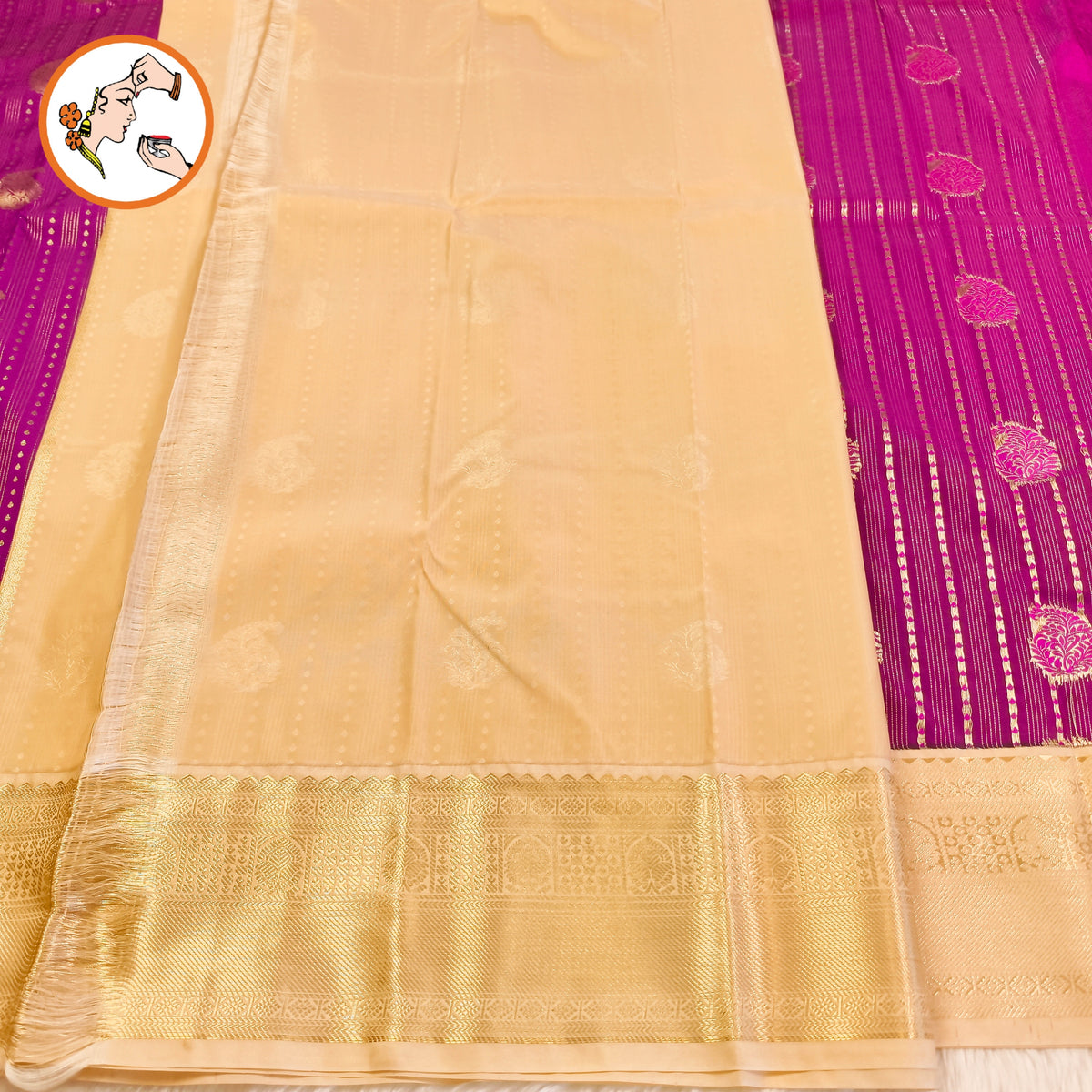 Purple with Cream border Vairoosi lines Mango motif Kanchipuram Semi Silk Saree