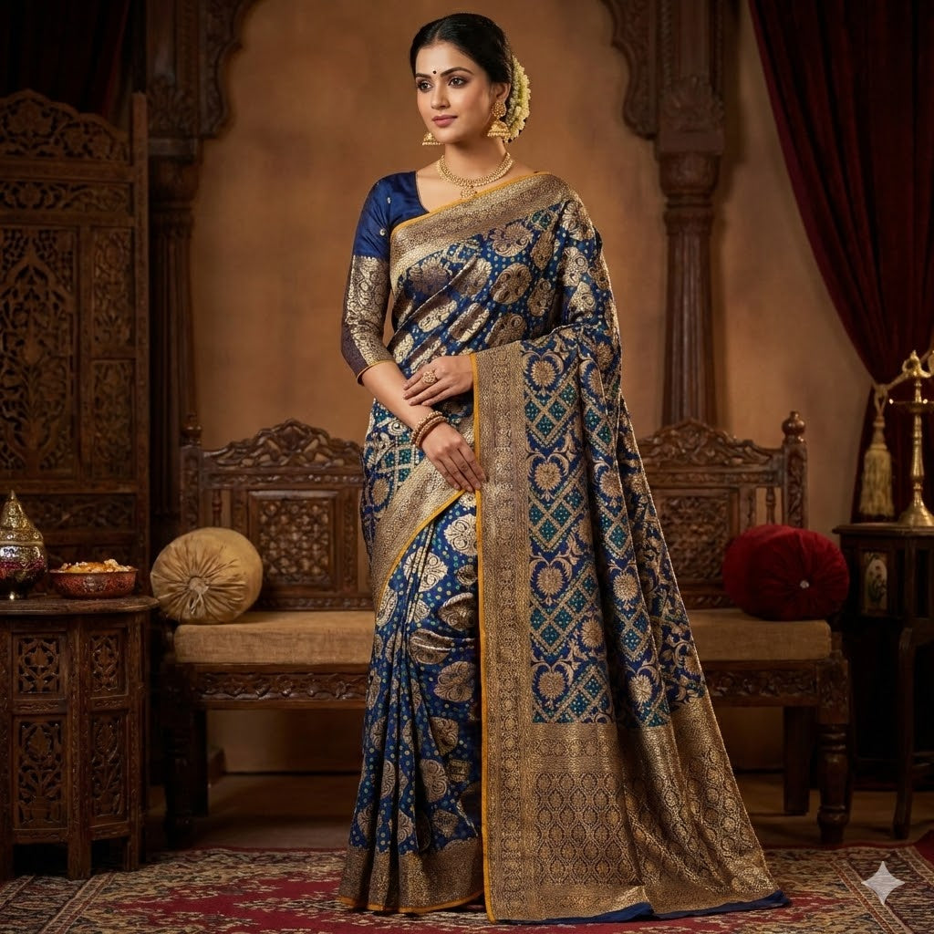 Dark Blue Meenakari work Soft Banarasi Silk Designer Saree
