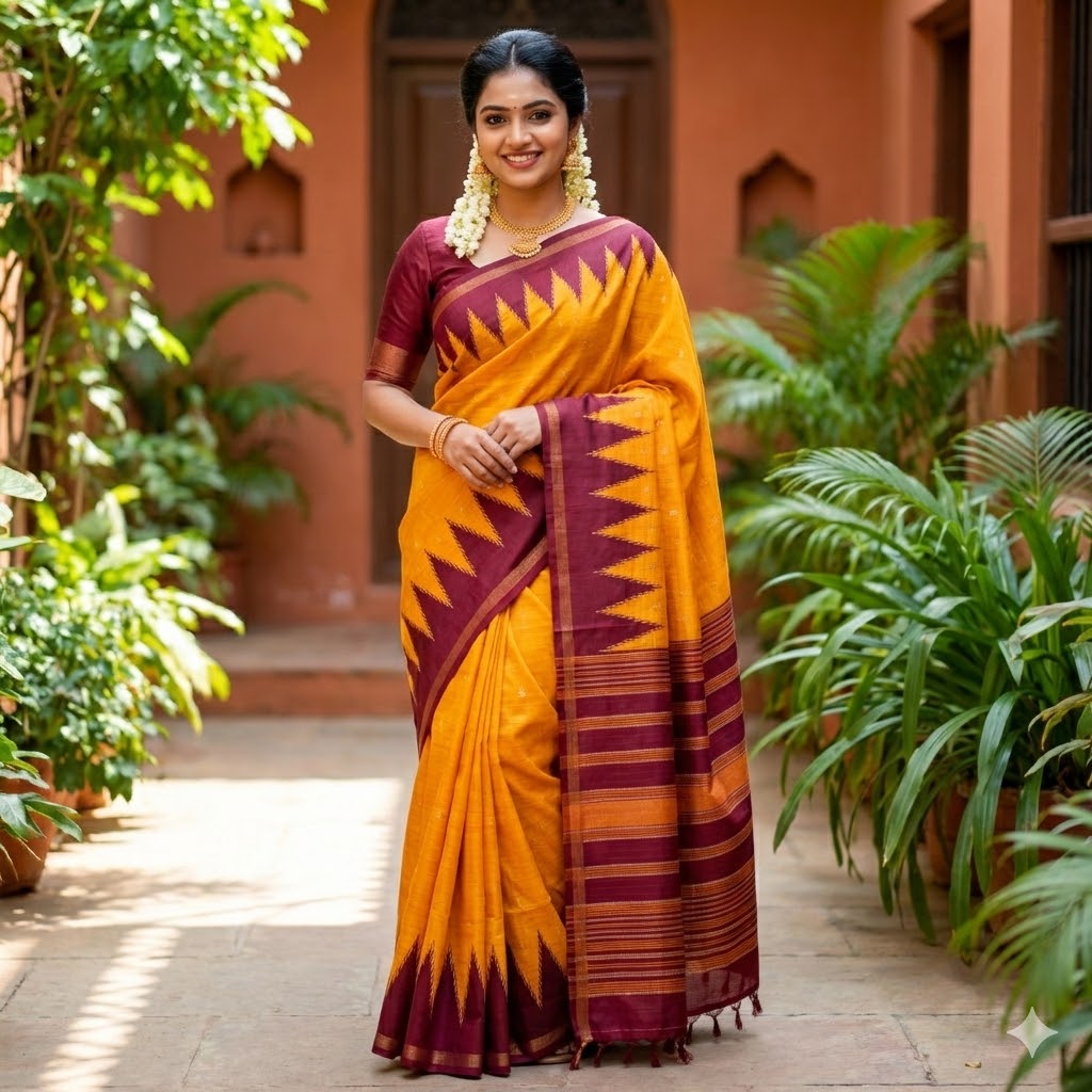 Orange with Maroon temple border Dola Silk Casual Saree
