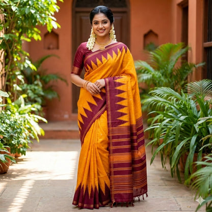 Orange with Maroon temple border Dola Silk Casual Saree