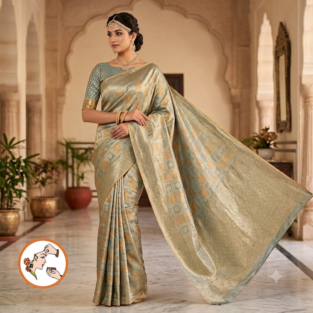 Pastel Blue checkered pattern Kanchipuram Bridal High Tissue Silk Saree