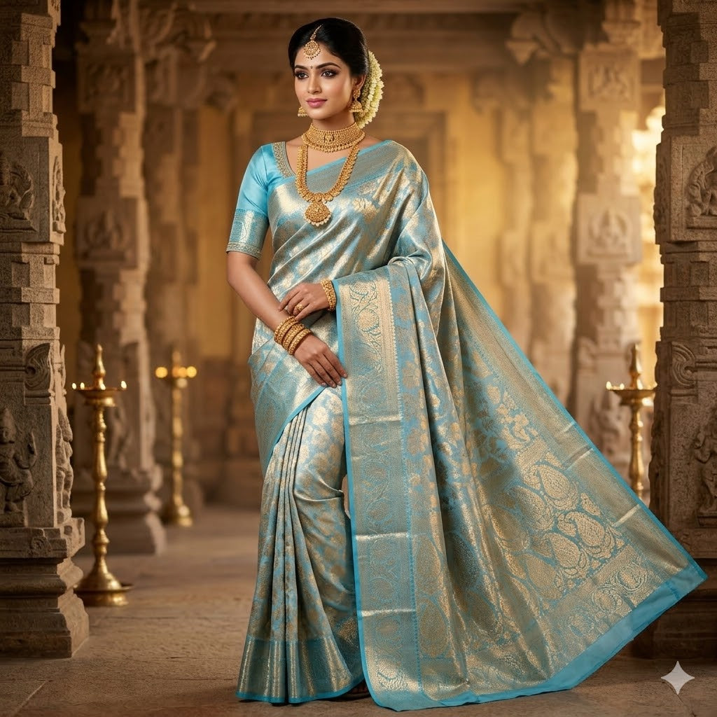 Silver with Sky Blue border Kanchipuram Tissue Silk Saree