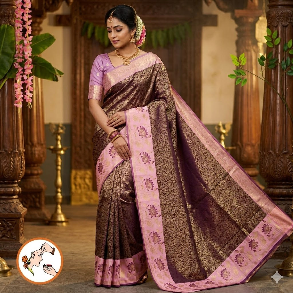 Purple with Baby Pink Lotus border Fancy Semi Silk Saree