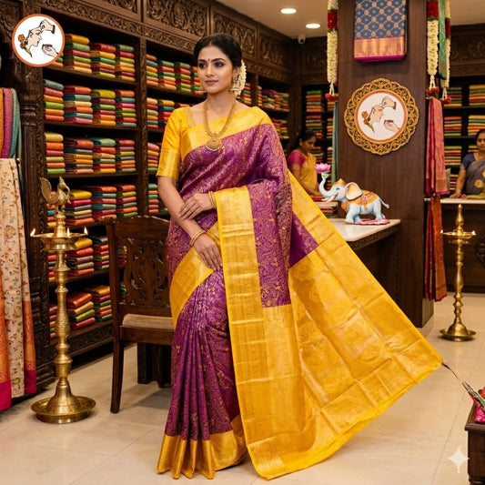 Wine Purple with Yellow border Bridal Kanchipuram Mix Silk Saree