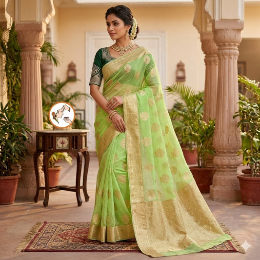 Light Green Pure Organza Designer Saree with contrast Dark Green blouse