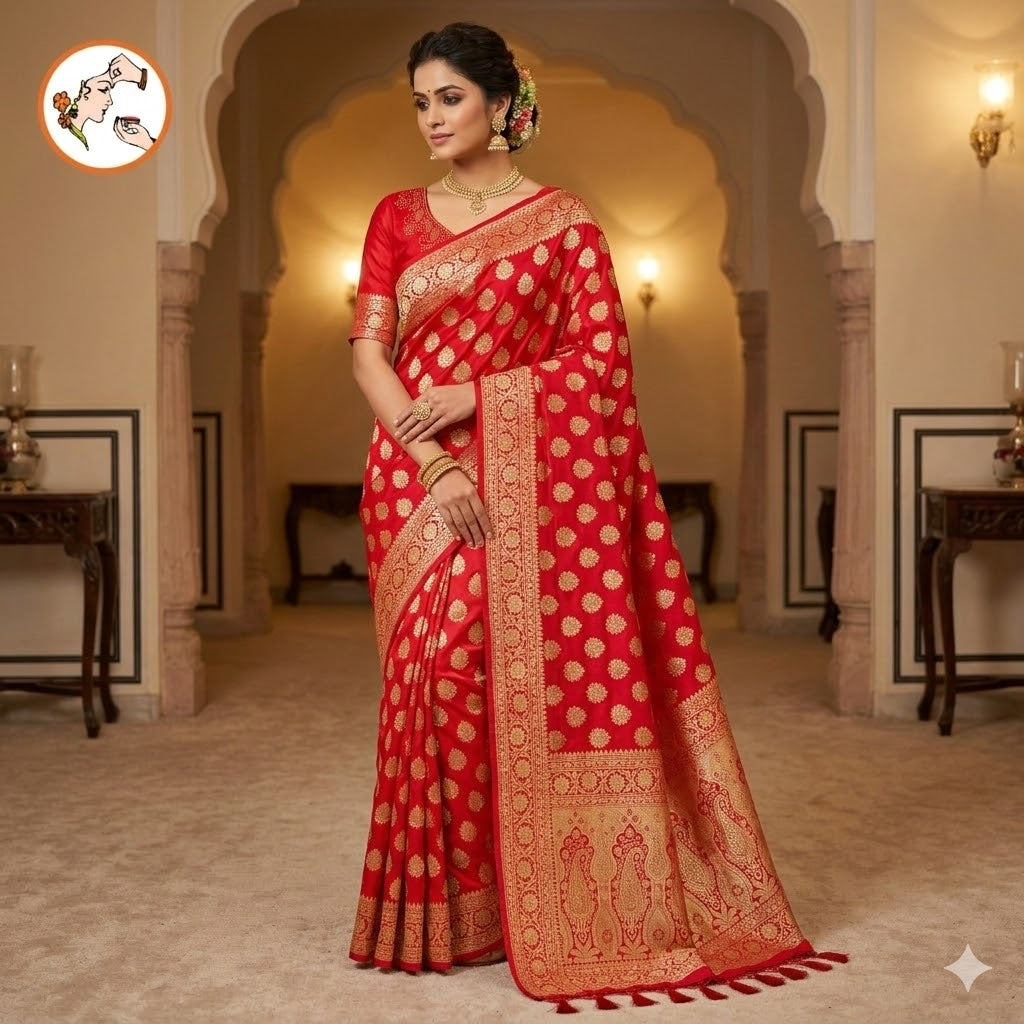 Red Bridal Pure Banarasi Partywear Saree with Zircon stones