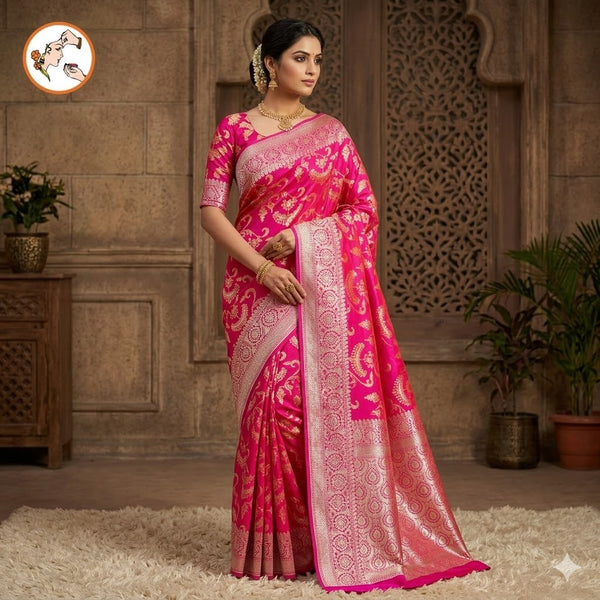 Pink with Magenta border classic Banarasi Designer Saree