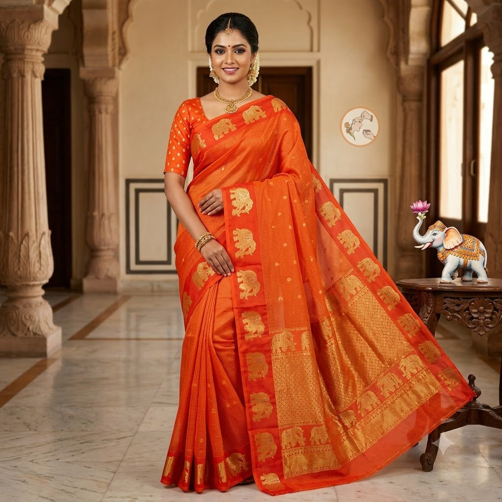 Orange Podikattam elephant border soft viscose Fancy Silk Saree