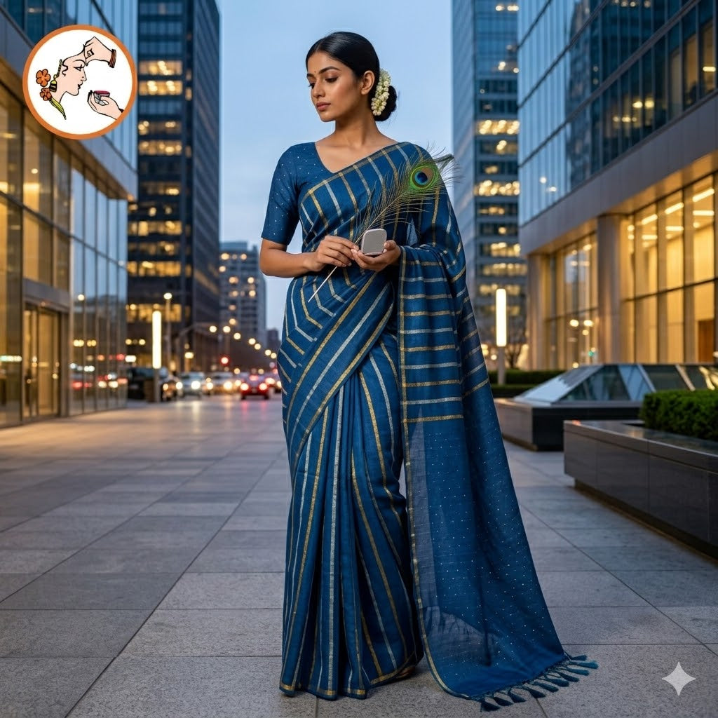 Peacock Blue Vertical stripes Handloom Cotton Casual Saree