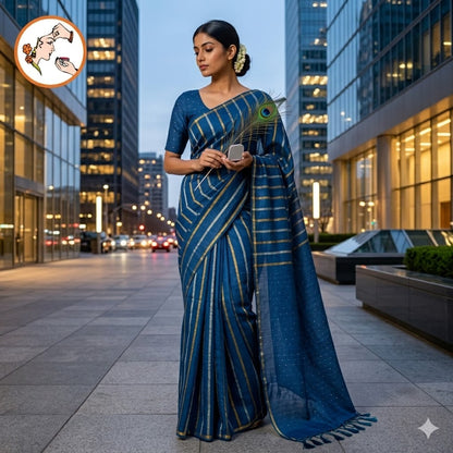 Peacock Blue Vertical stripes Handloom Cotton Casual Saree